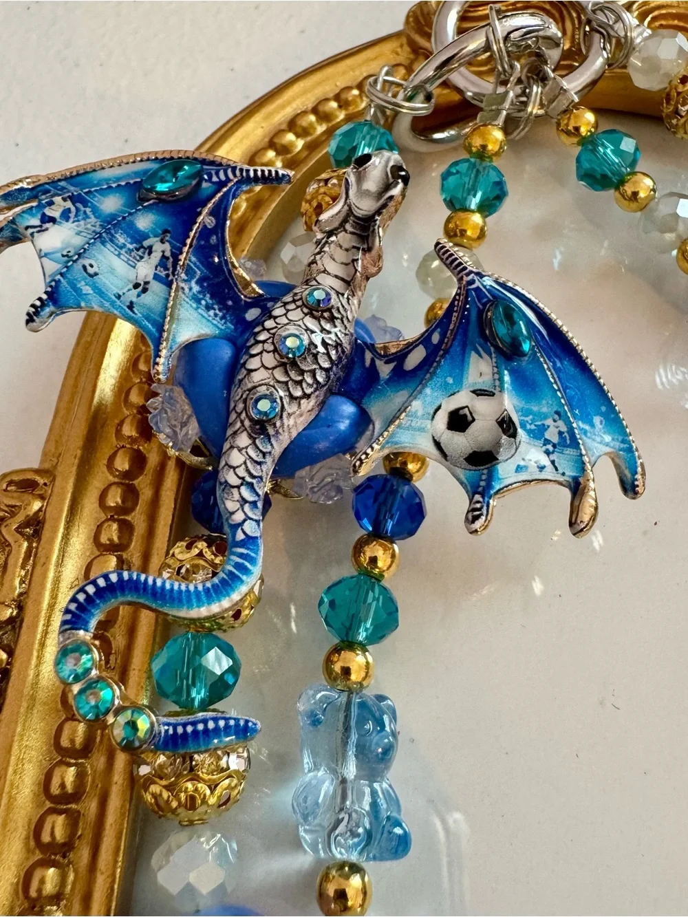 New Blue Crystal Beaded Dragon w/ soccer ball Phone Chain